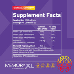 Serving with zero sugar and zero calories labeled on MemoryXL pouch.