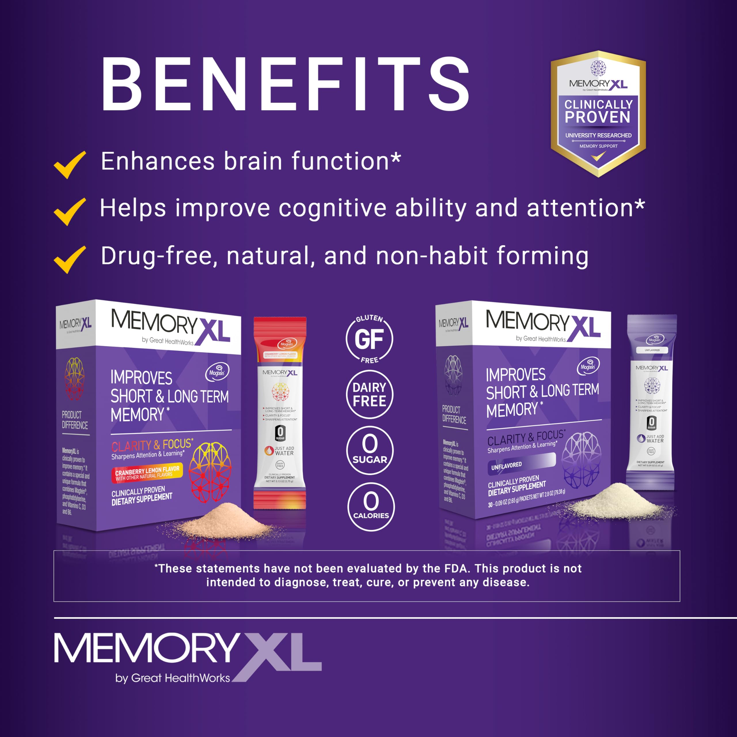Close-up of cranberry lemon MemoryXL flavor label on stick pack.