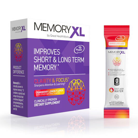 OmegaXL MemoryXL cranberry lemon stick-pack ready to support focus during study.