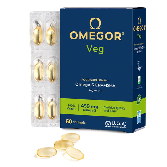 OMEGOR Veg bottle of softgels showing plant-based omega-3 in convenient capsules