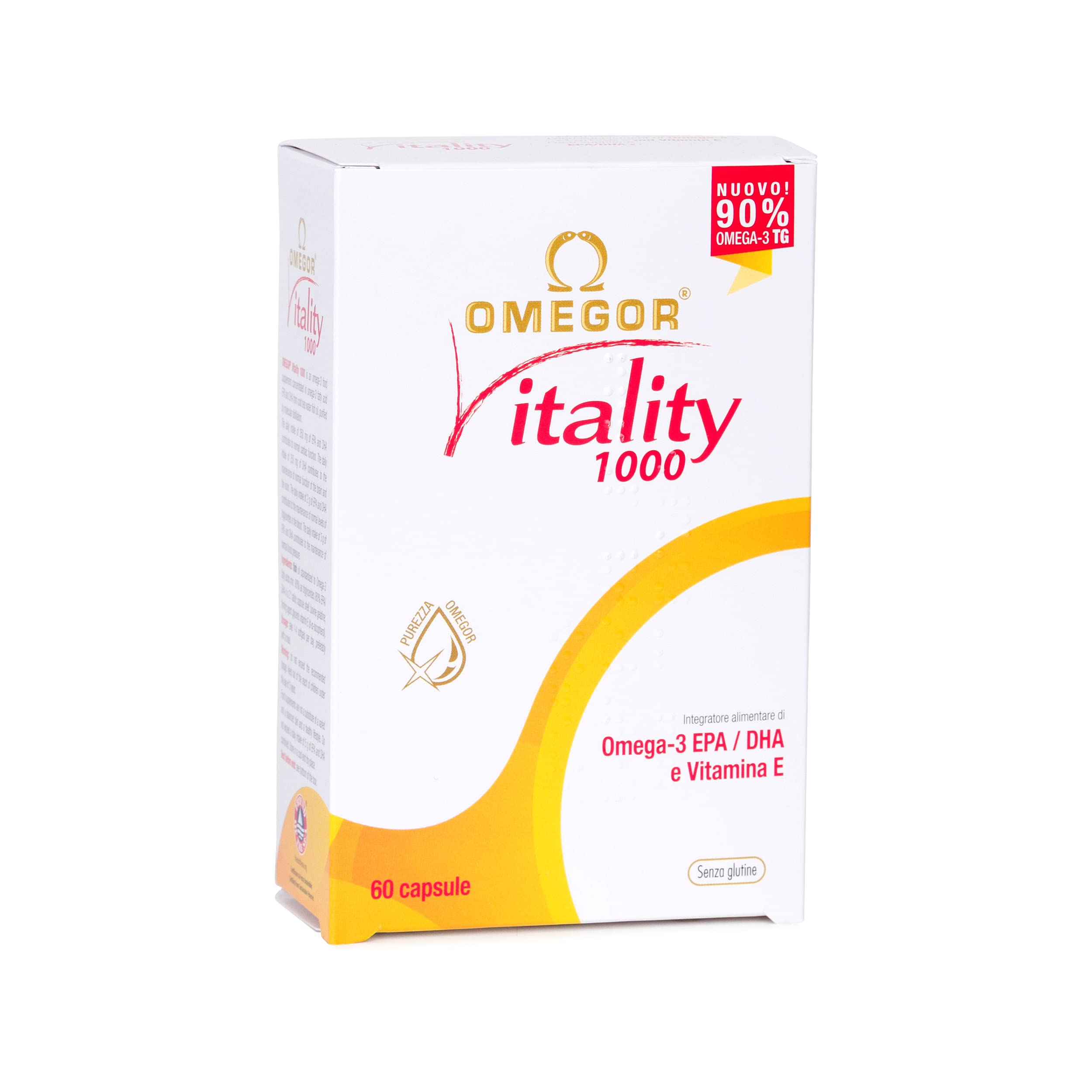 OMEGOR Vitality 1000 softgels bottle close-up shows pure omega-3 content for daily support