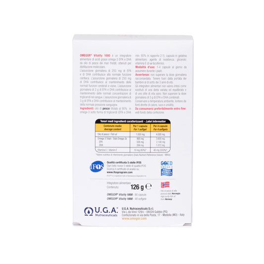 OMEGOR Vitality 1000 softgels pouring into a glass for easy dosing
