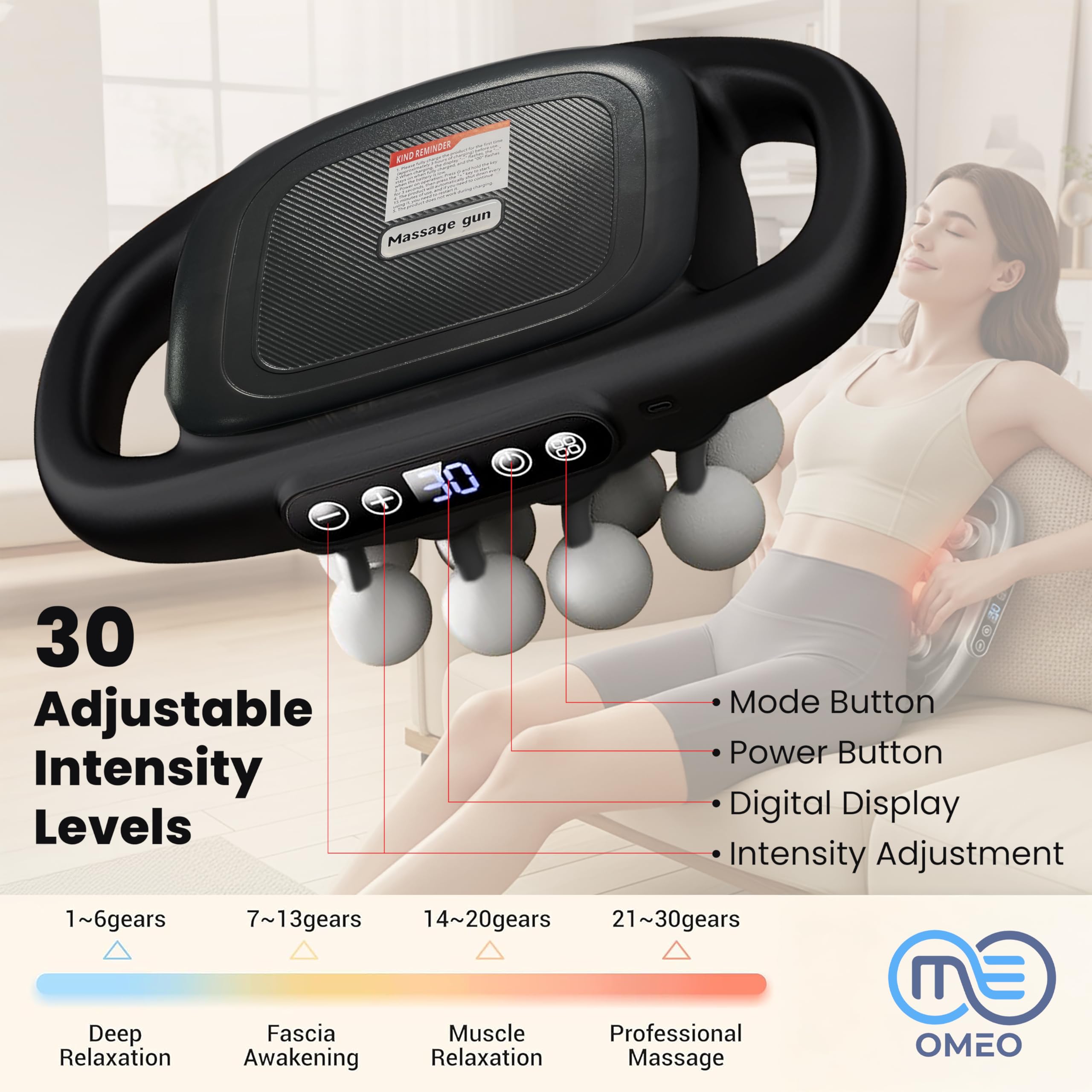 OMEO 16-Head Massage Gun with interchangeable heads for customizable therapy