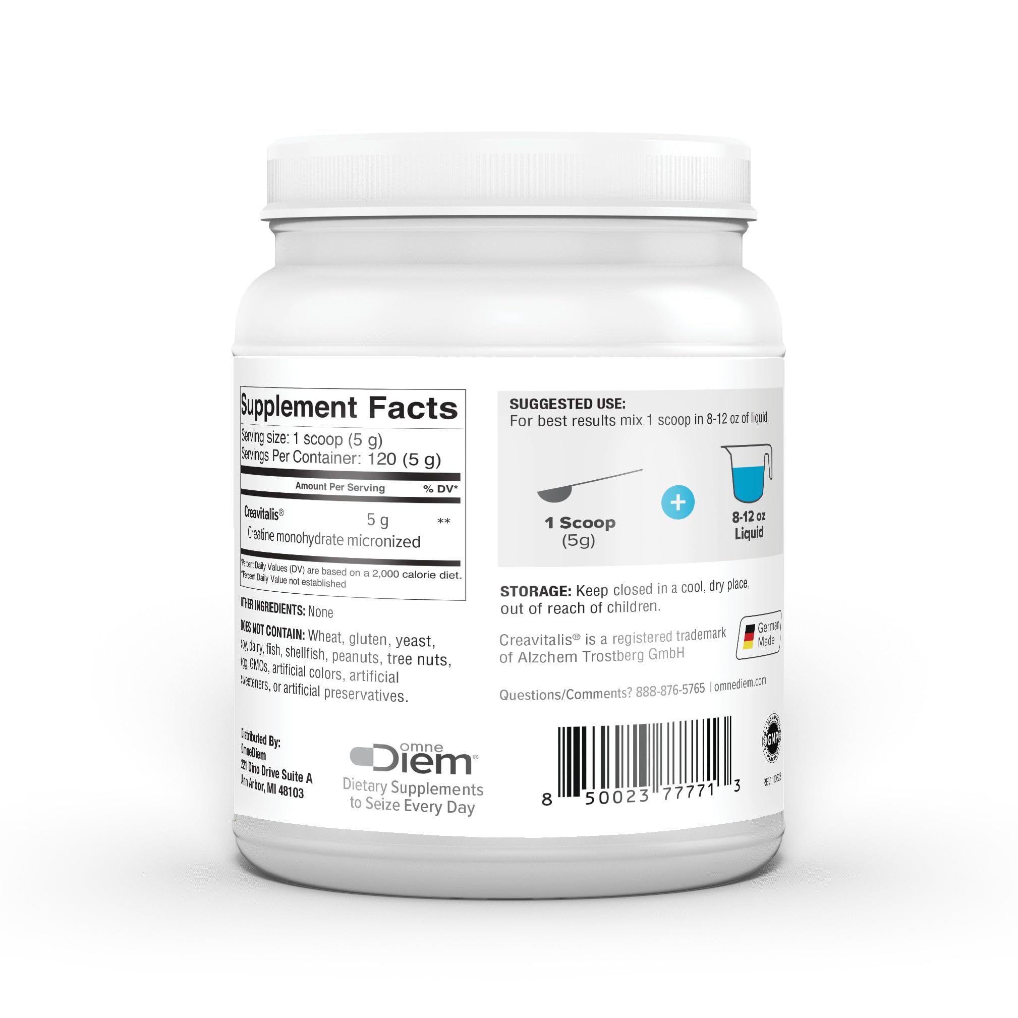 Omne Diem Creatine packaging front with serving information and branding.