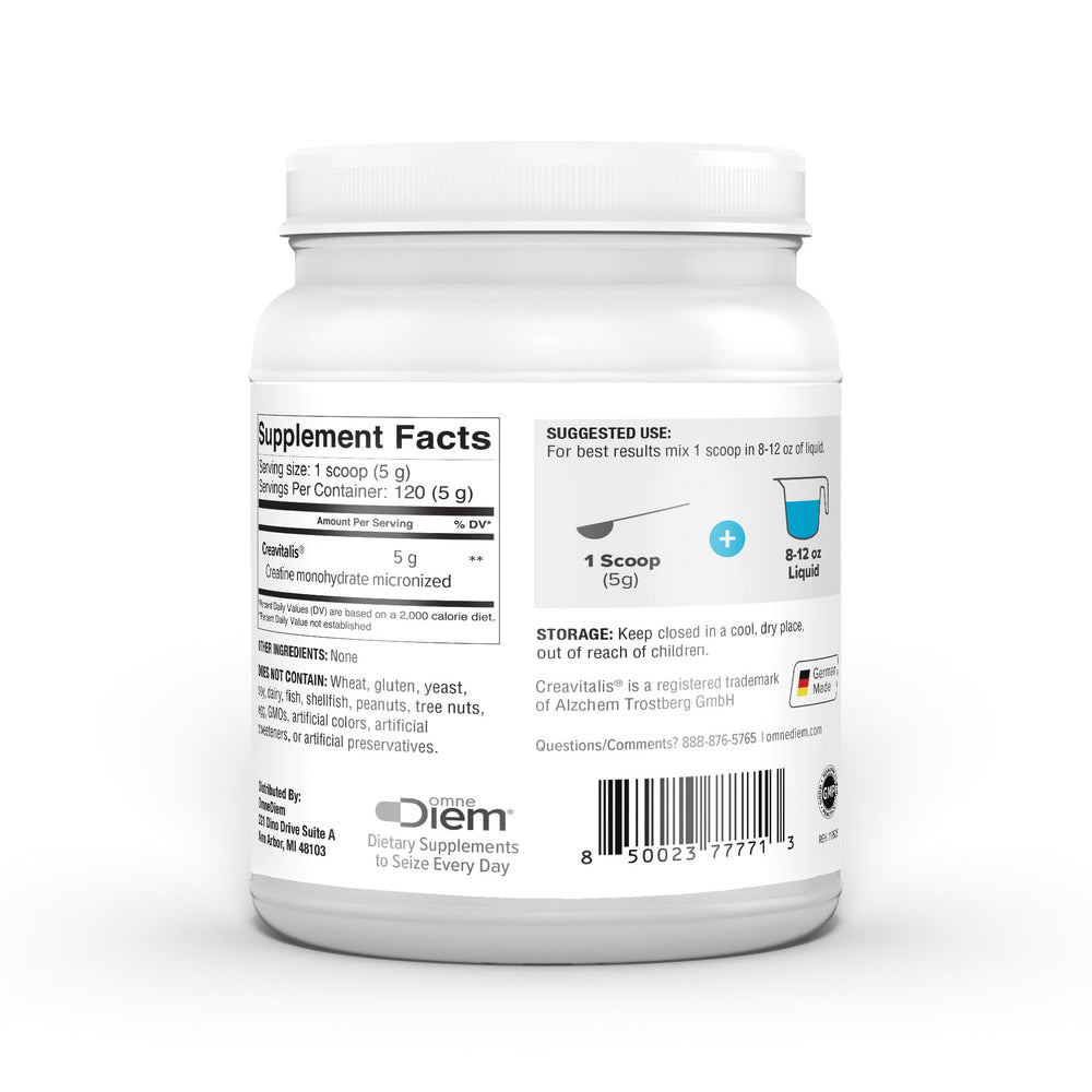Omne Diem Creatine packaging front with serving information and branding.