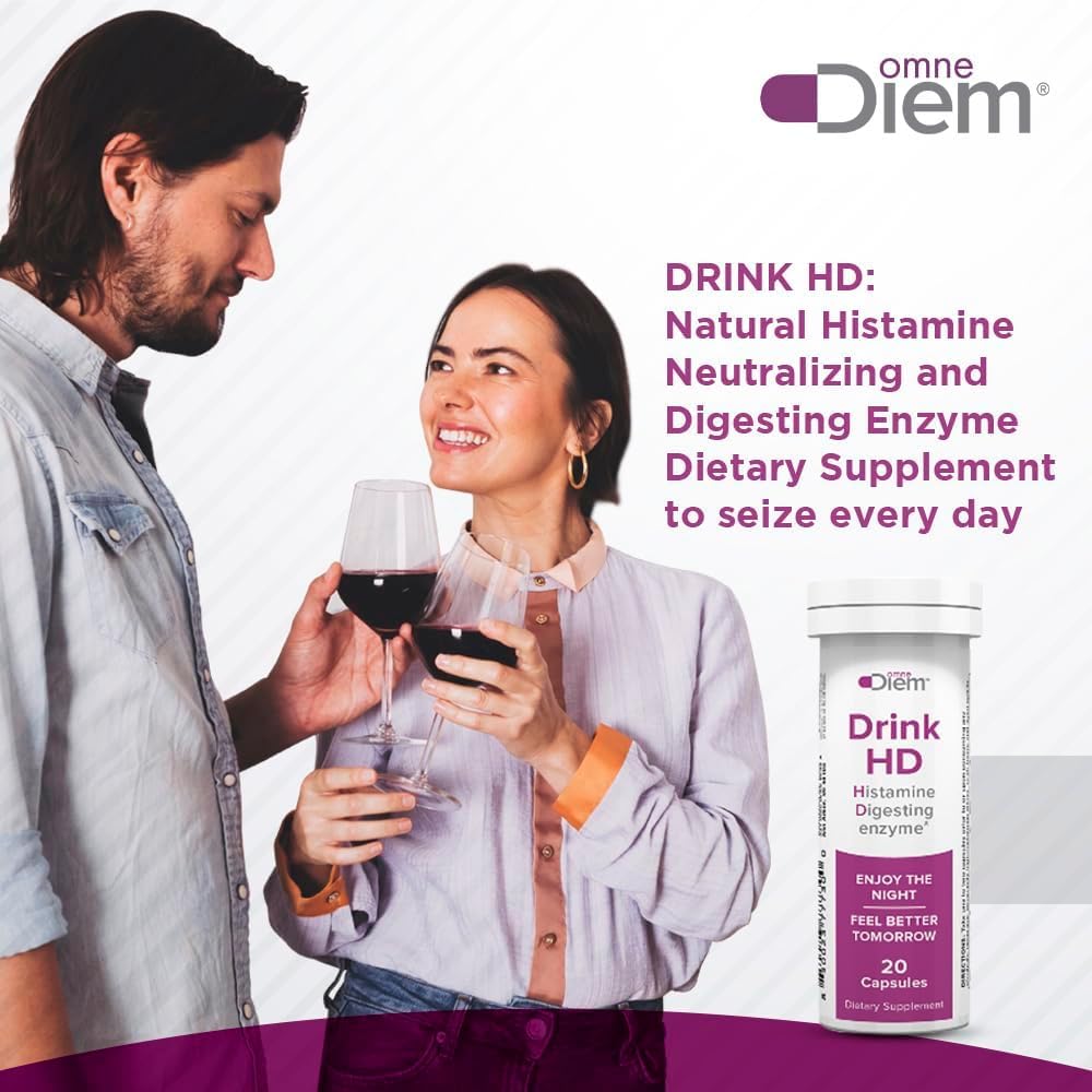 Omne Diem DrinkHD capsules close-up highlighting natural digestive enzyme for histamine processing.