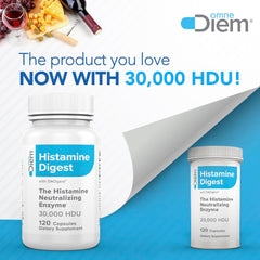 Omne Diem Histamine Digest capsules closeup highlighting fast-acting histamine support