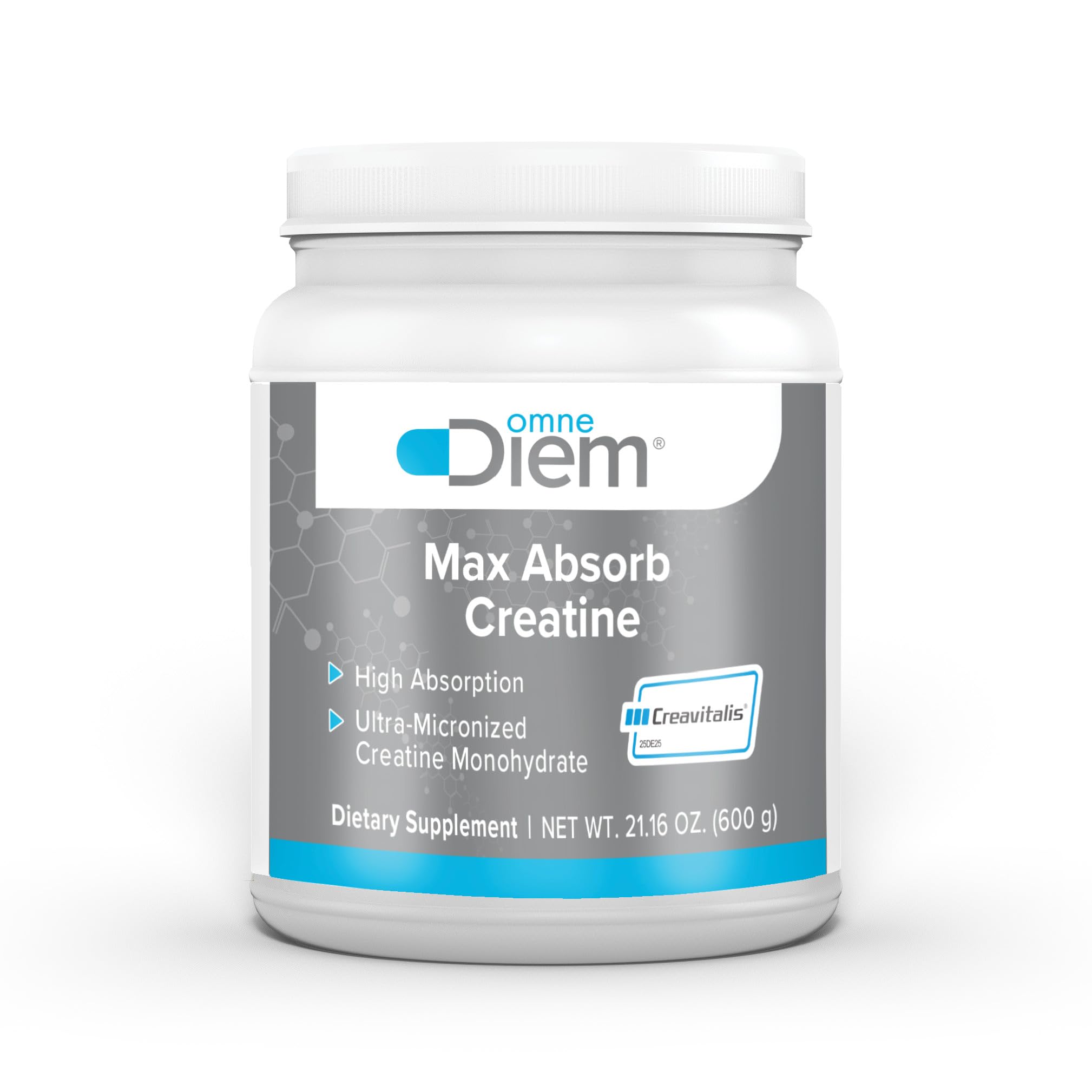 Omne Diem Micronized Creatine bottle pouring into a glass for quick hydration.