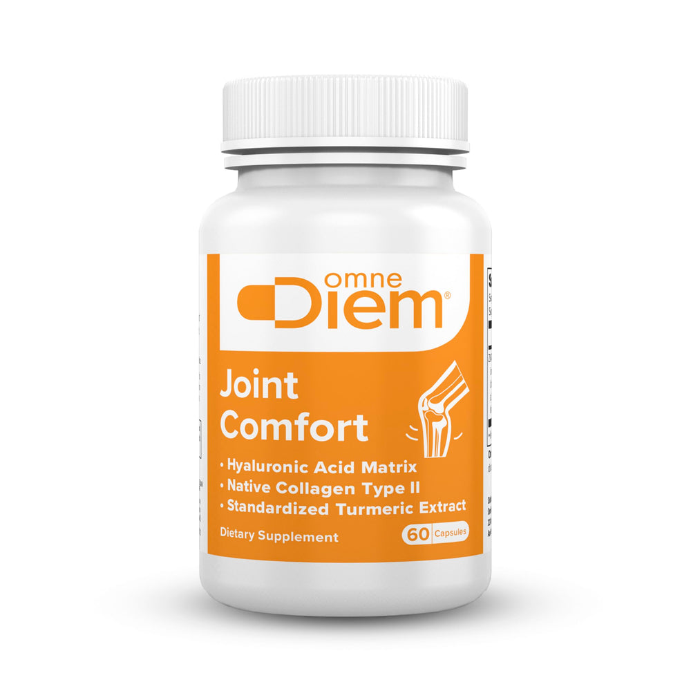 OmneDiem Joint Comfort bottle with daily capsules for ongoing joint support.