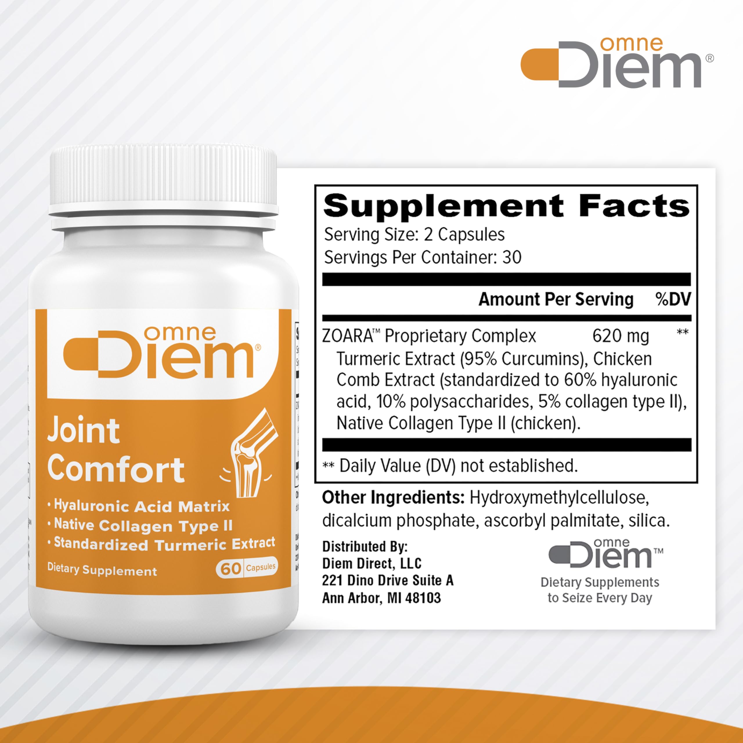 Close-up of OmneDiem Joint Comfort capsules for easy daily use.