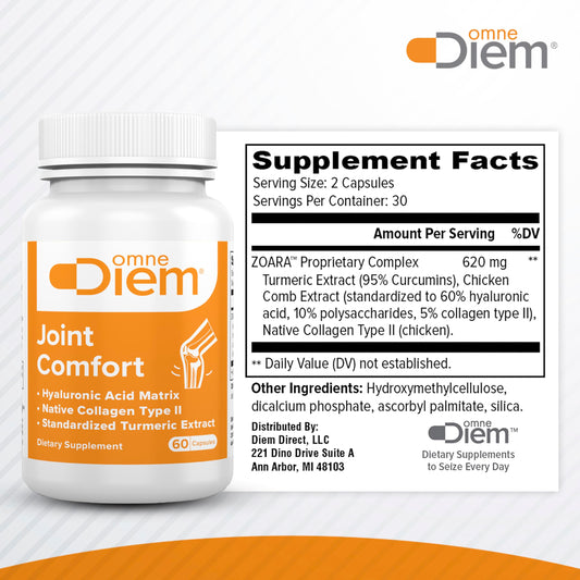 Close-up of OmneDiem Joint Comfort capsules for easy daily use.
