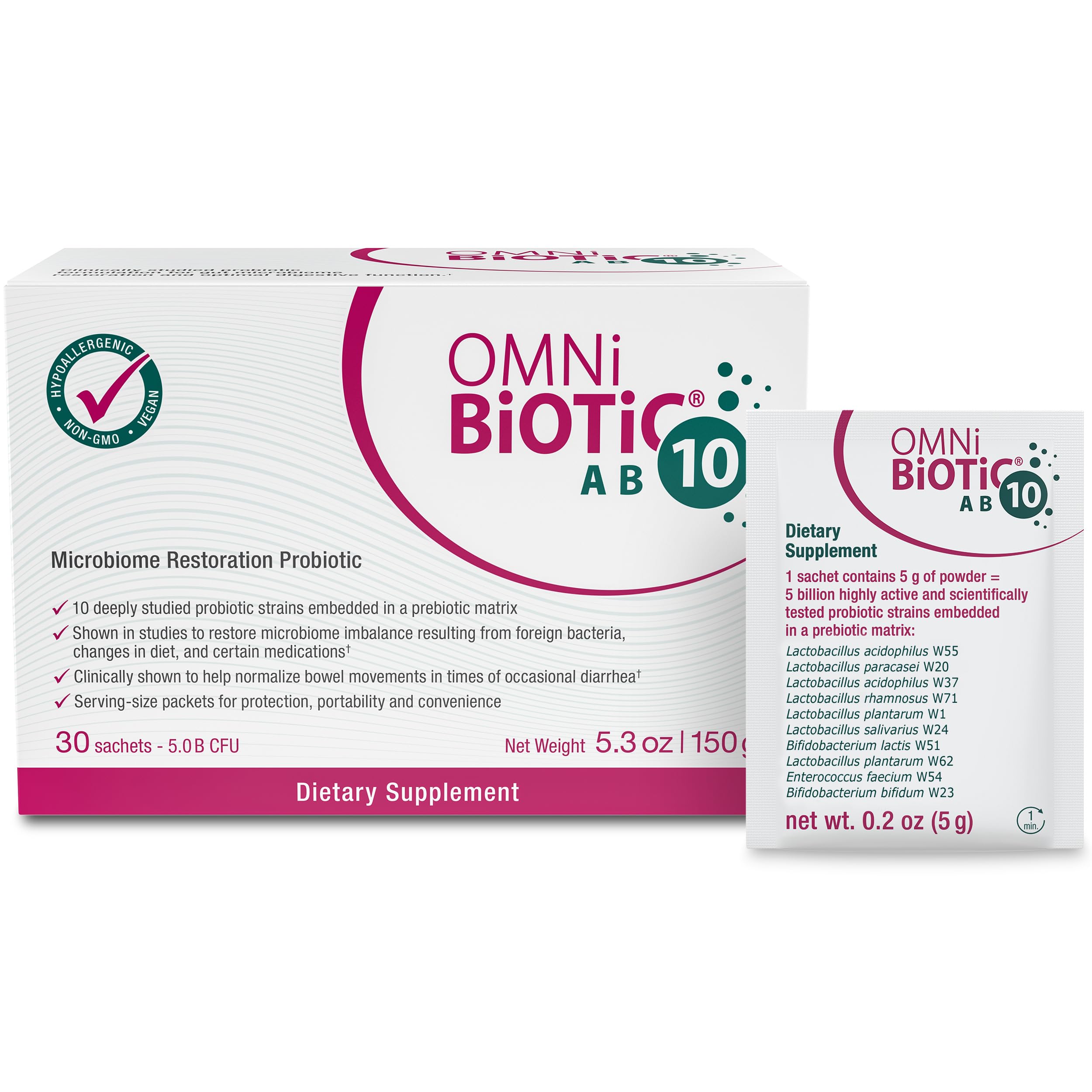 OMNi BiOTiC AB 10 bottle front shows probiotic for gut balance and on-the-go use.