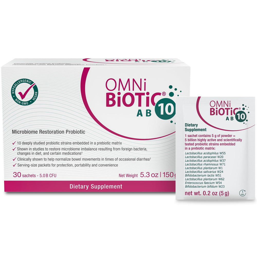 OMNi BiOTiC AB 10 bottle front shows probiotic for gut balance and on-the-go use.