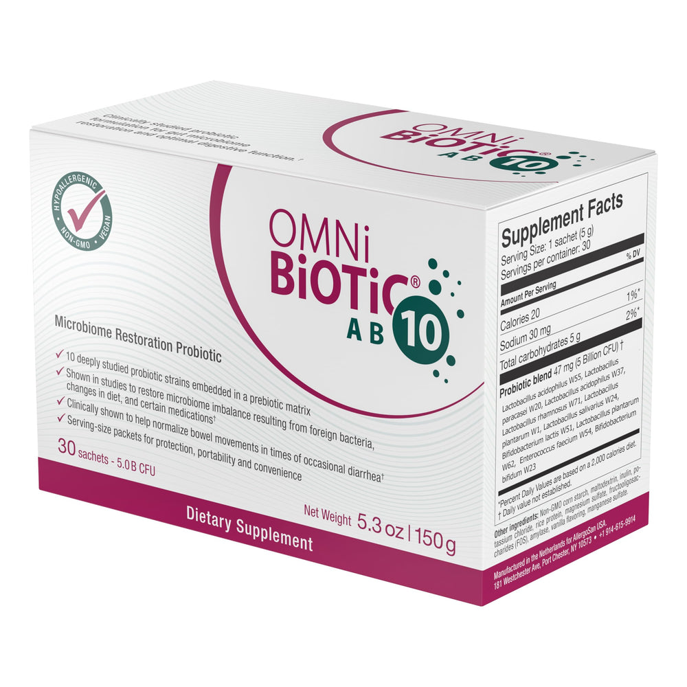 OMNi BiOTiC AB 10 travel-pack sachets ready for daily use.