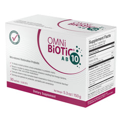 OMNi BiOTiC AB 10 travel-pack sachets ready for daily use.