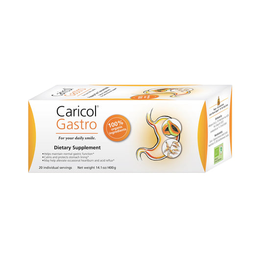 OMNi BiOTiC Caricol Gastro bottle illustrates easy daily acid reflux relief with organic ingredients.