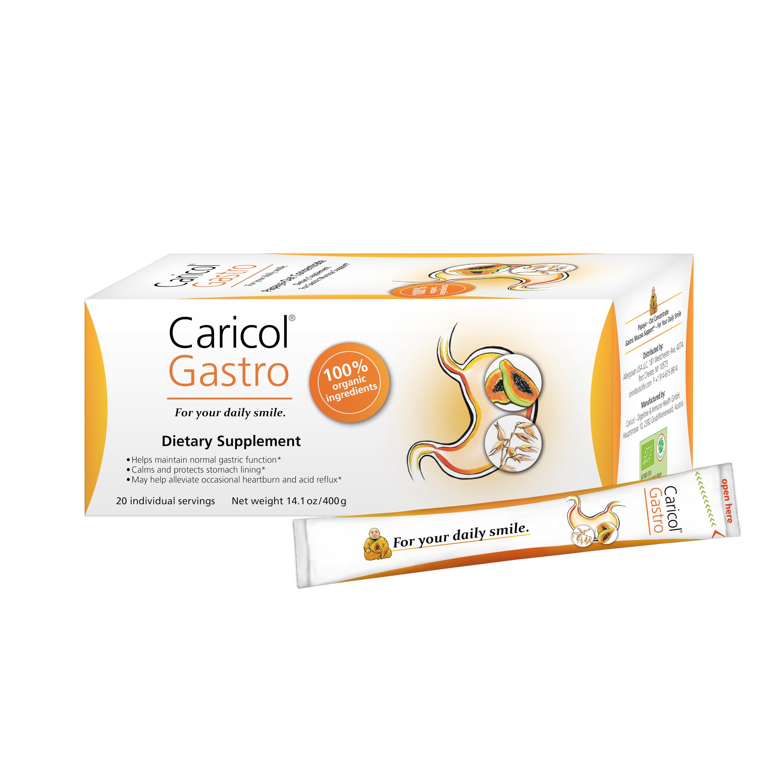 OMNi BiOTiC Caricol Gastro papaya packet offers convenient, natural heartburn support on the go.
