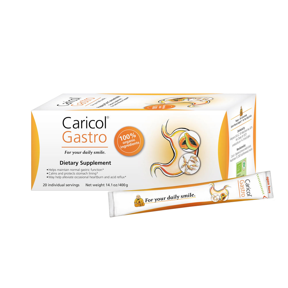 OMNi BiOTiC Caricol Gastro papaya packet offers convenient, natural heartburn support on the go.