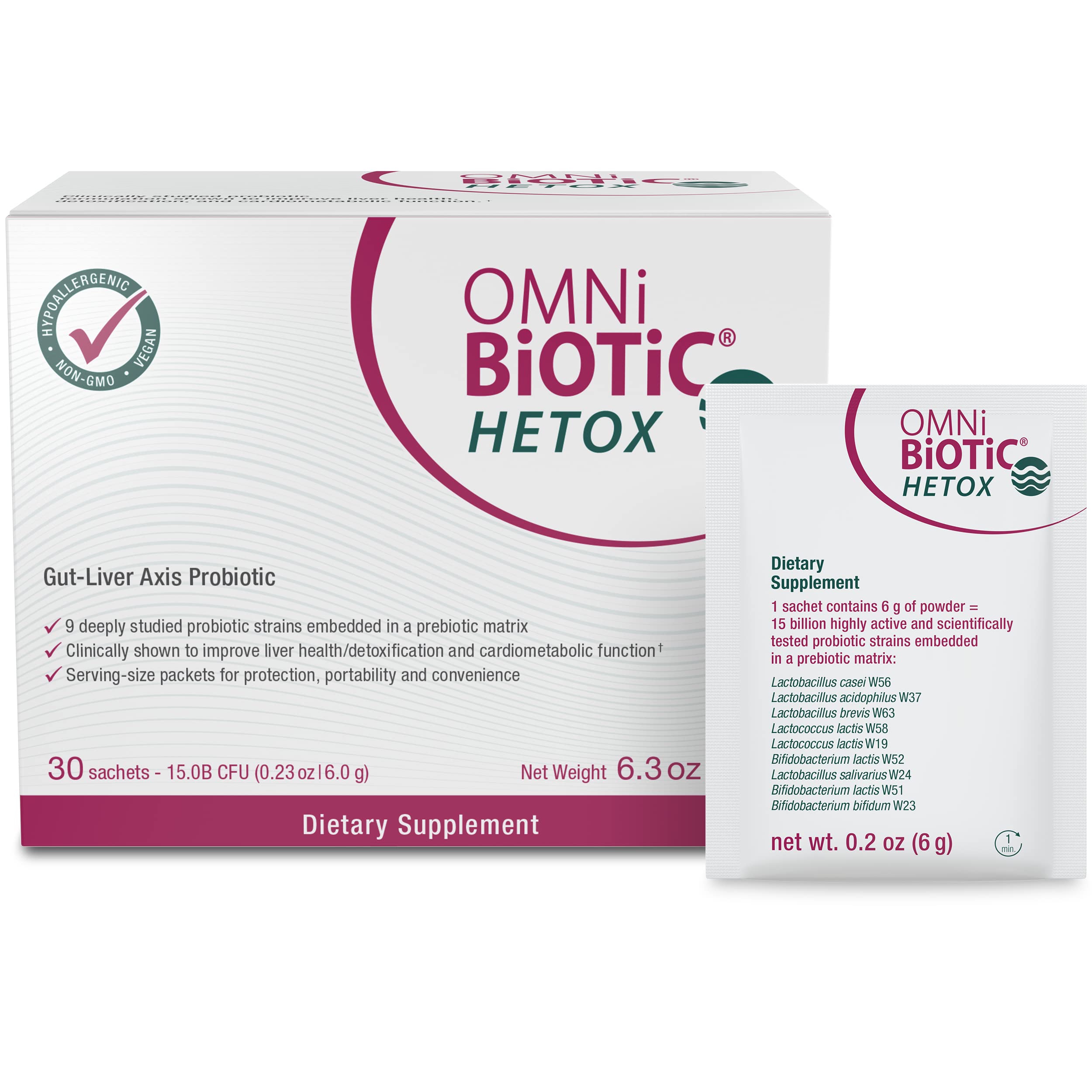 OMNi BiOTiC Hetox bottle front shows probiotic detox for gut-liver support