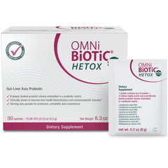 OMNi BiOTiC Hetox bottle front shows probiotic detox for gut-liver support