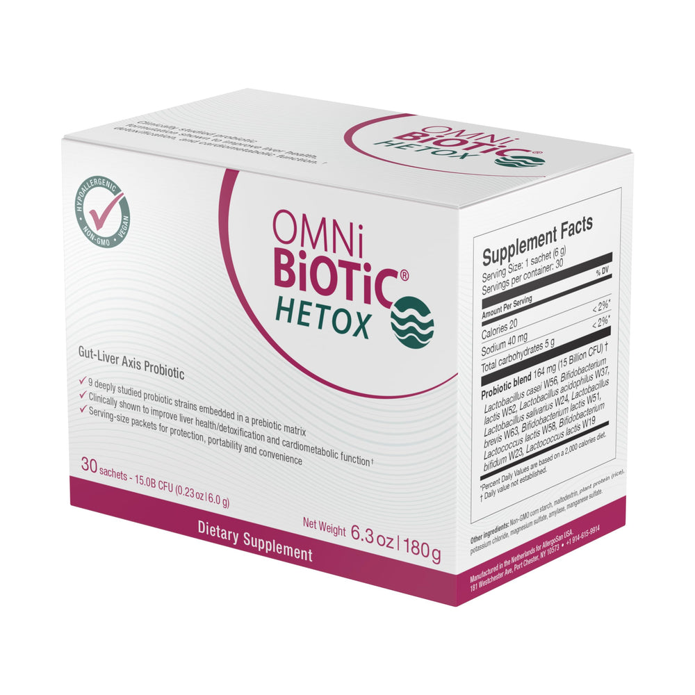 OMNi BiOTiC Hetox label close-up highlights the hypoallergenic, non-GMO formula