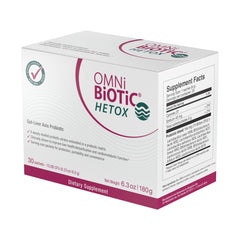 OMNi BiOTiC Hetox label close-up highlights the hypoallergenic, non-GMO formula