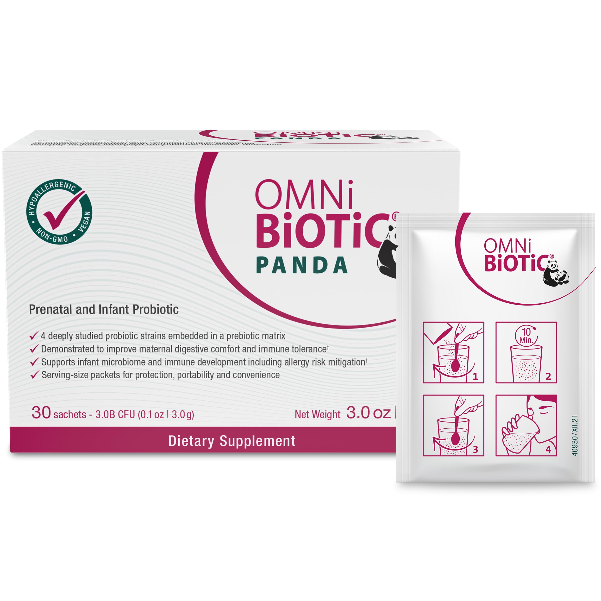 OMNi BiOTiC Panda packaging highlights prenatal and infant probiotic for gut support