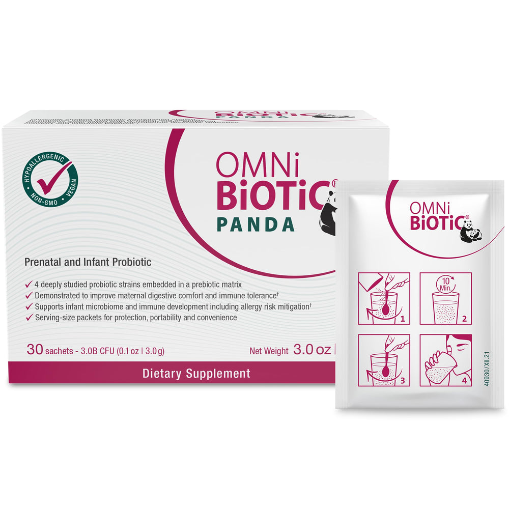 OMNi BiOTiC Panda packaging highlights prenatal and infant probiotic for gut support
