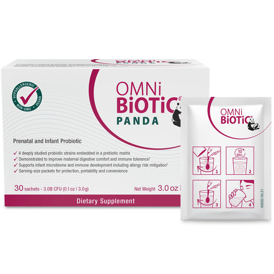 OMNi BiOTiC Panda packaging highlights prenatal and infant probiotic for gut support
