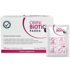 OMNi BiOTiC Panda packaging highlights prenatal and infant probiotic for gut support