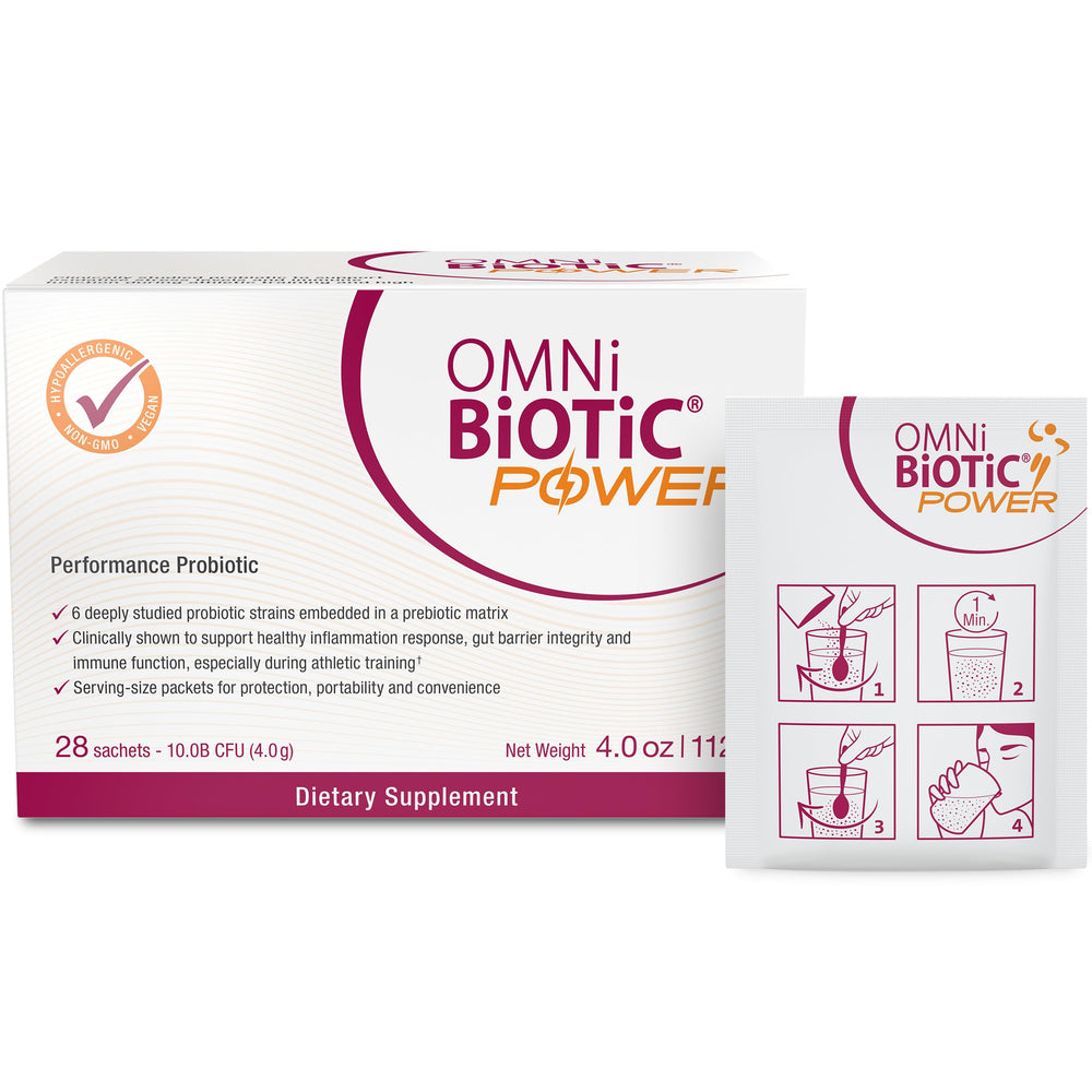 OMNi-BiOTiC Power probiotic powder bottle ready for daily use, supporting gut health.