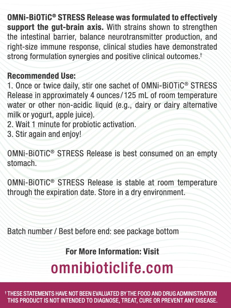 OMNi BiOTiC Stress Release close-up label emphasizes science-backed gut-brain support.