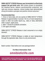 OMNi BiOTiC Stress Release close-up label emphasizes science-backed gut-brain support.
