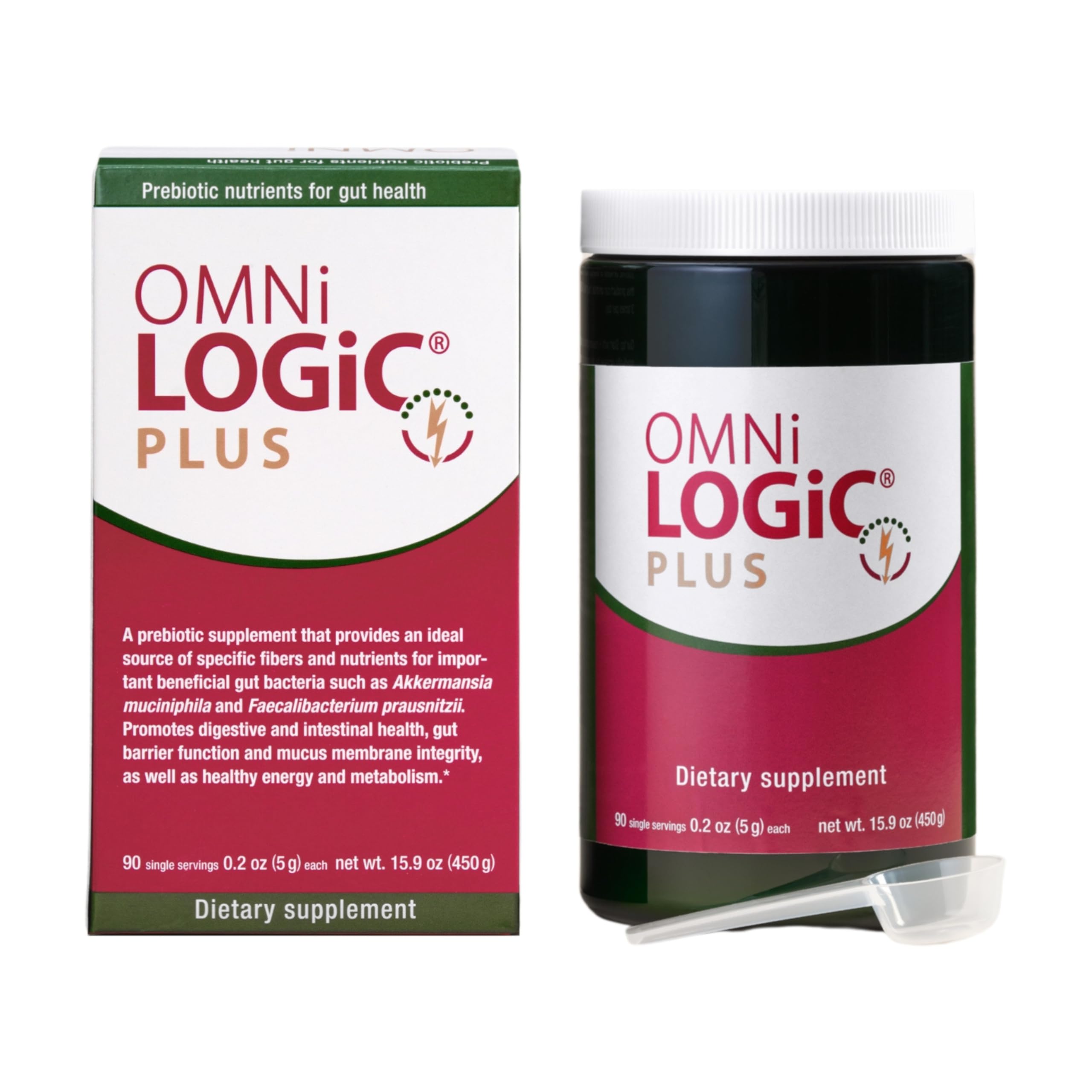 Omni-Biotic Omni-Logic Plus powder tub illustrating daily fiber support for gut balance.