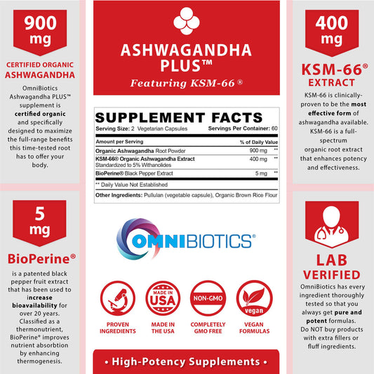 OmniBiotics Ashwagandha powder jar label highlighting organic root powder.