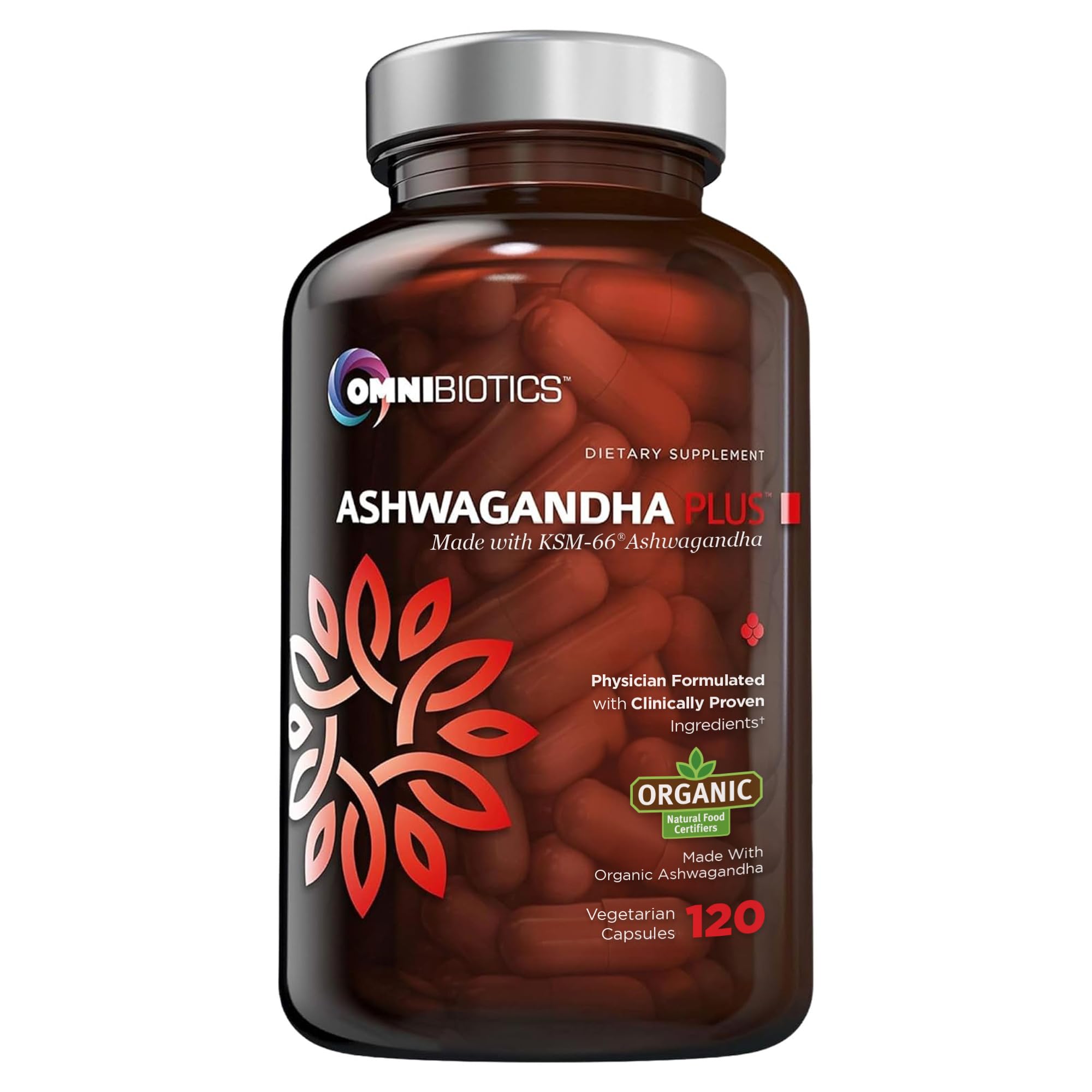 OmniBiotics Ashwagandha bottle front promoting stress support and calm focus.