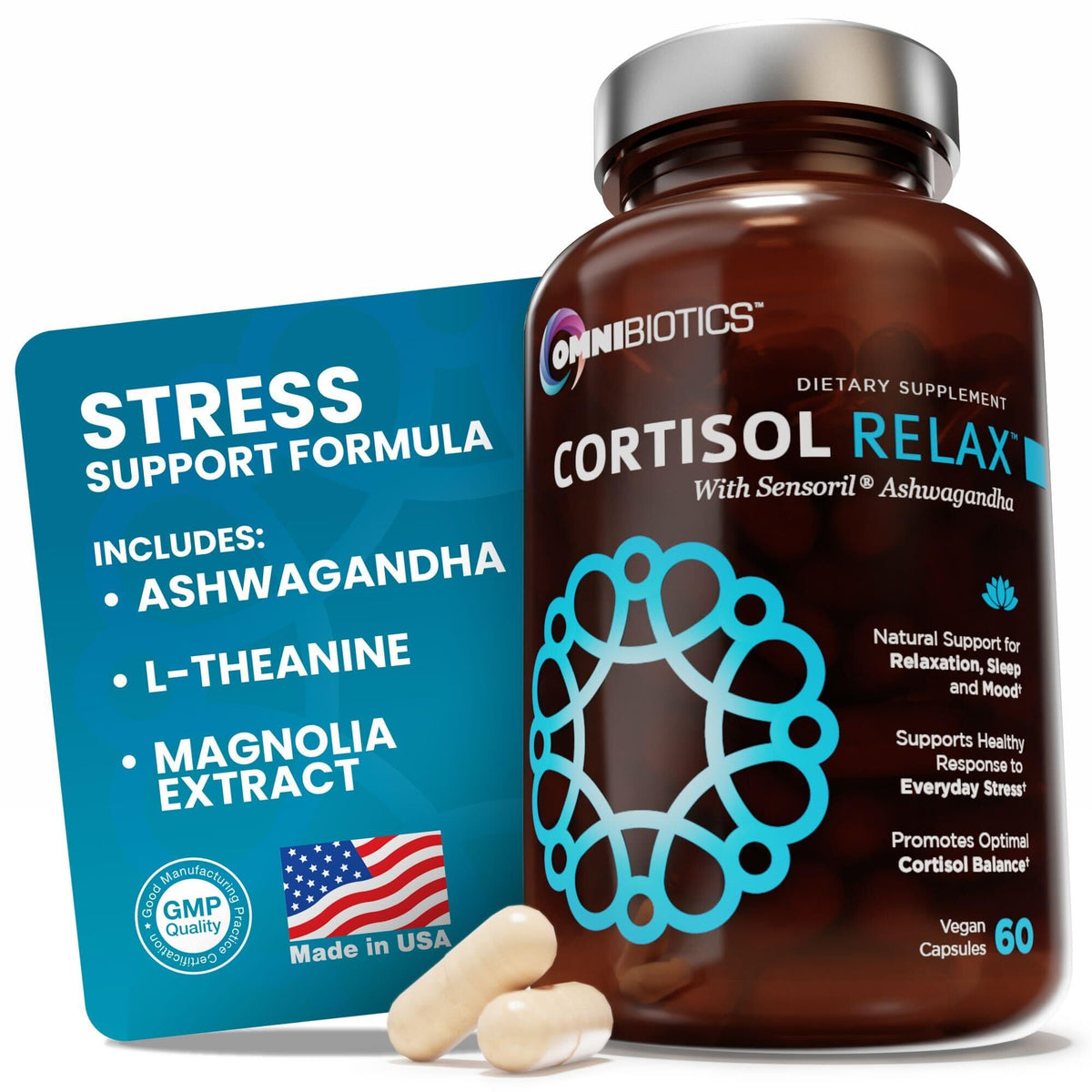 OmniBiotics Cortisol Support bottle front promotes daily calm and focus
