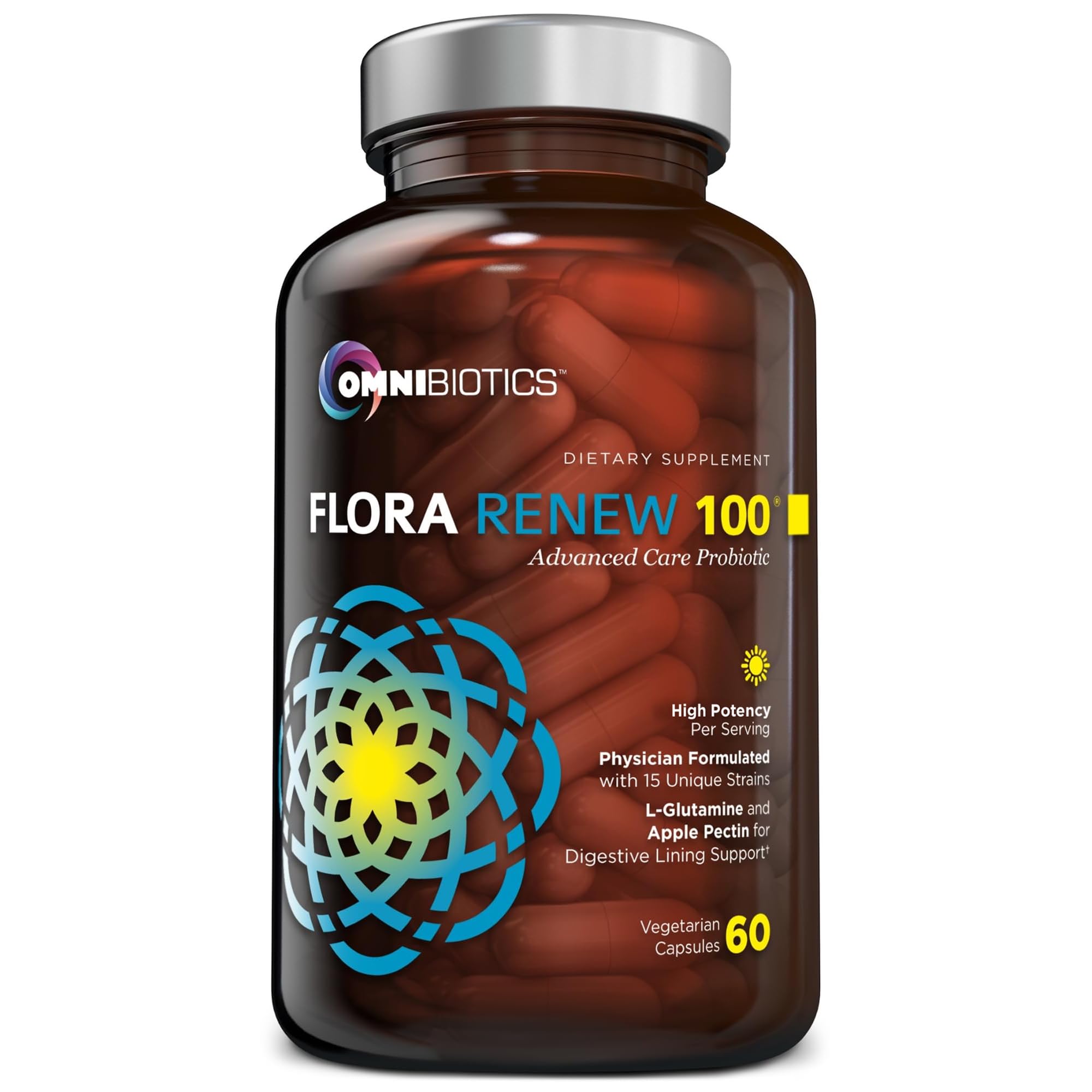 OmniBiotics Flora Renew bottle with 60 vegan capsules for daily gut balance.