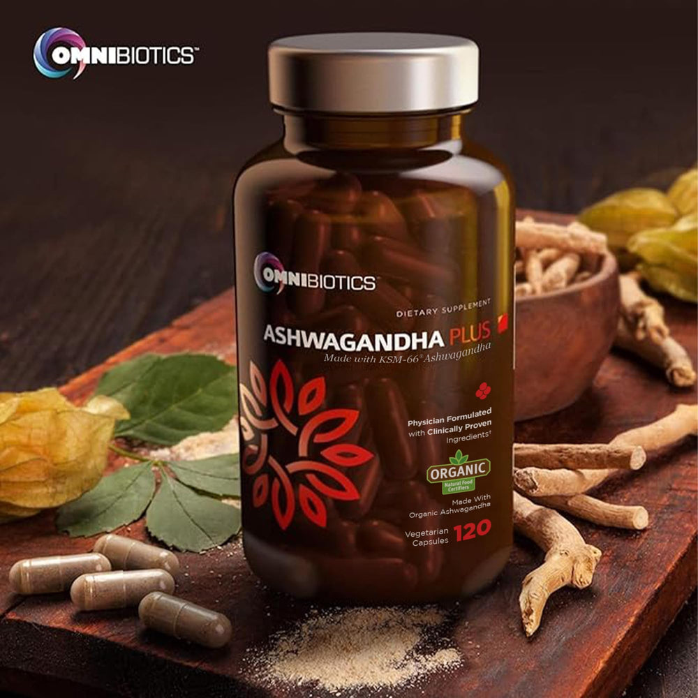 OmniBiotics KSM-66 extract capsules close-up for mood and sleep support.