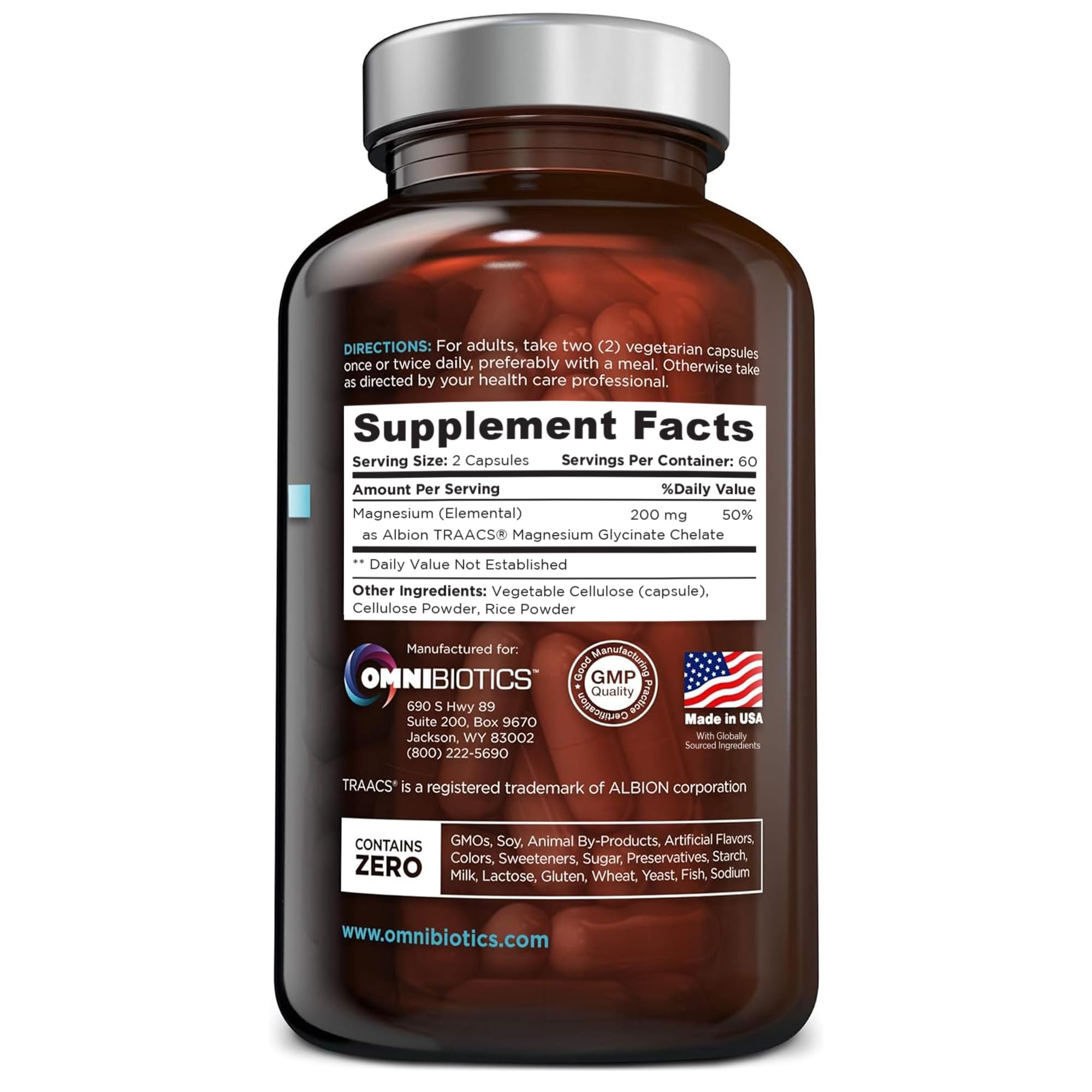OmniBiotics magnesium glycinate capsules close-up highlighting Albion TRAACS bisglycinate