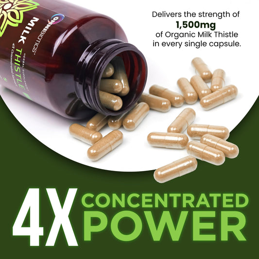 OmniBiotics milk thistle capsules close-up showing 1500mg per capsule.
