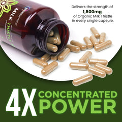 OmniBiotics milk thistle capsules close-up showing 1500mg per capsule.
