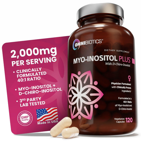 OmniBiotics Myo-Inositol & D-Chiro-Inositol bottle supports hormone balance.