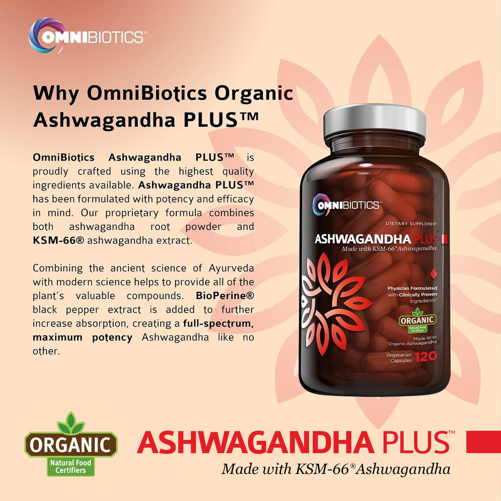 OmniBiotics organic Ashwagandha bottle close-up showing pure ingredients.
