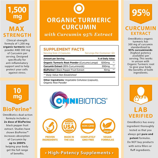 OmniBiotics curcumin capsules closeup emphasizes 95% curcuminoids for robust absorption.