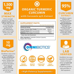 OmniBiotics curcumin capsules closeup emphasizes 95% curcuminoids for robust absorption.