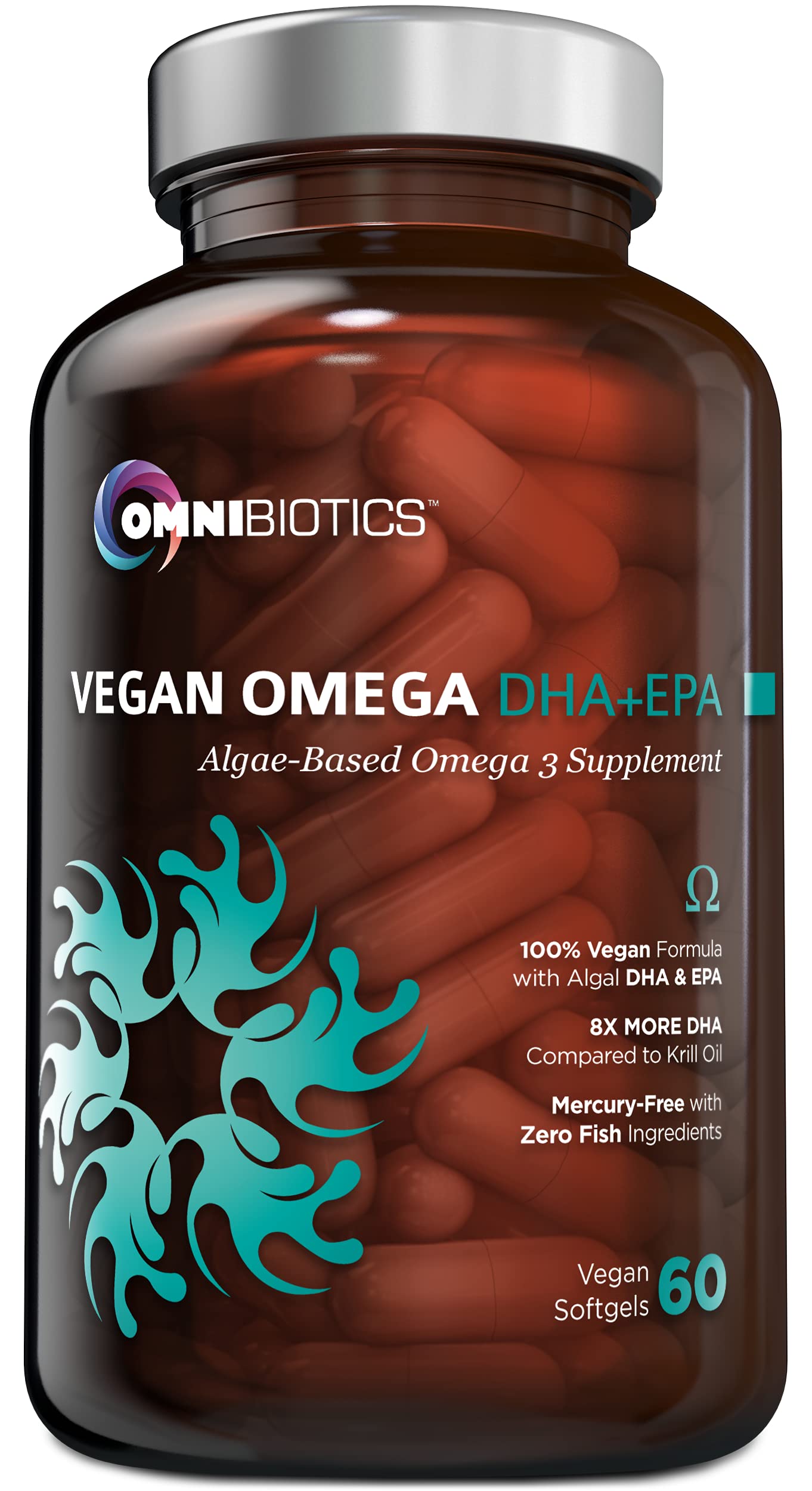 OmniBiotics vegan omega-3 bottle showing convenient prenatal DHA and EPA support.