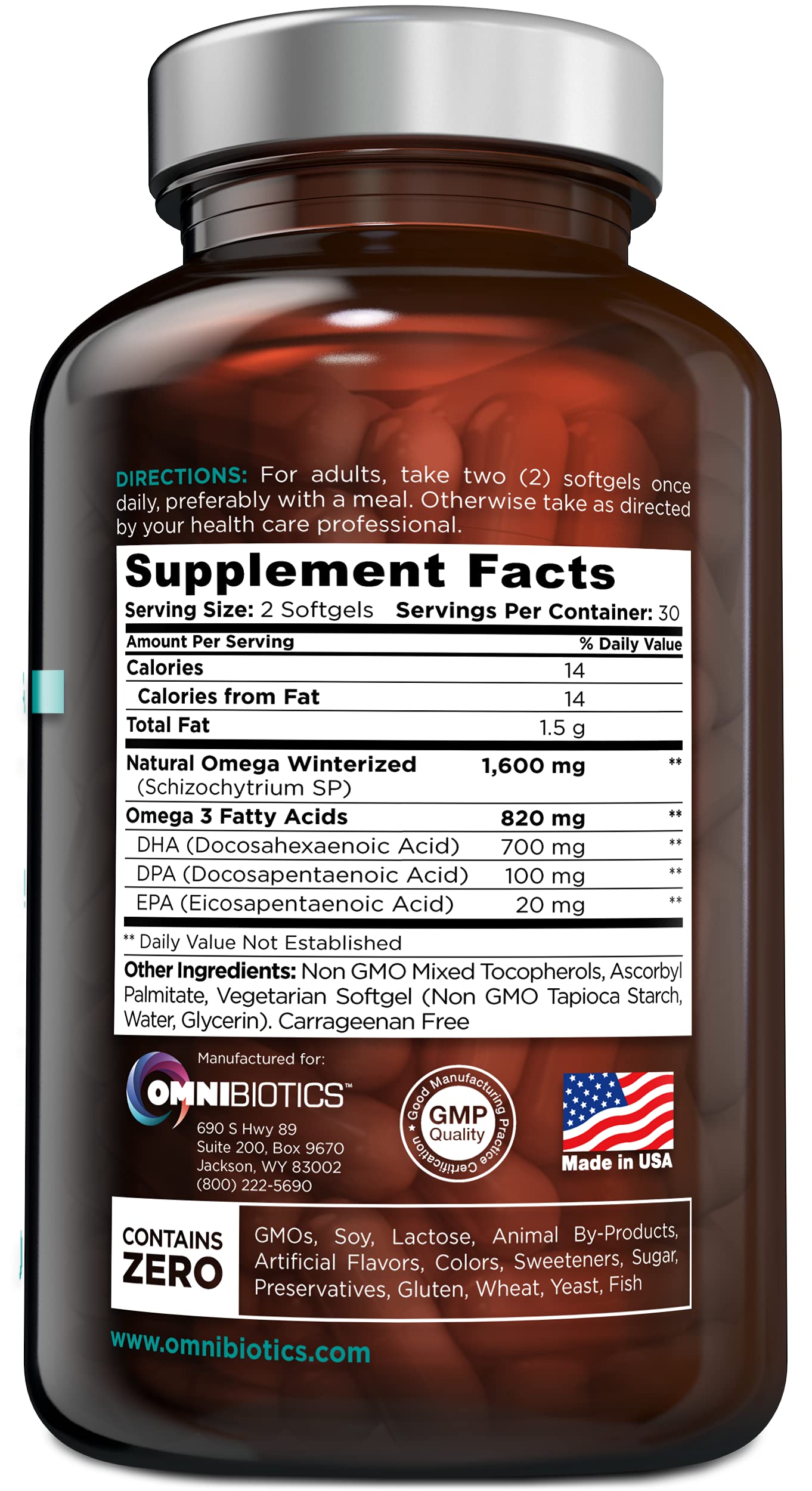Close-up of OmniBiotics vegan omega-3 capsules for clean, fish-free supplementation.