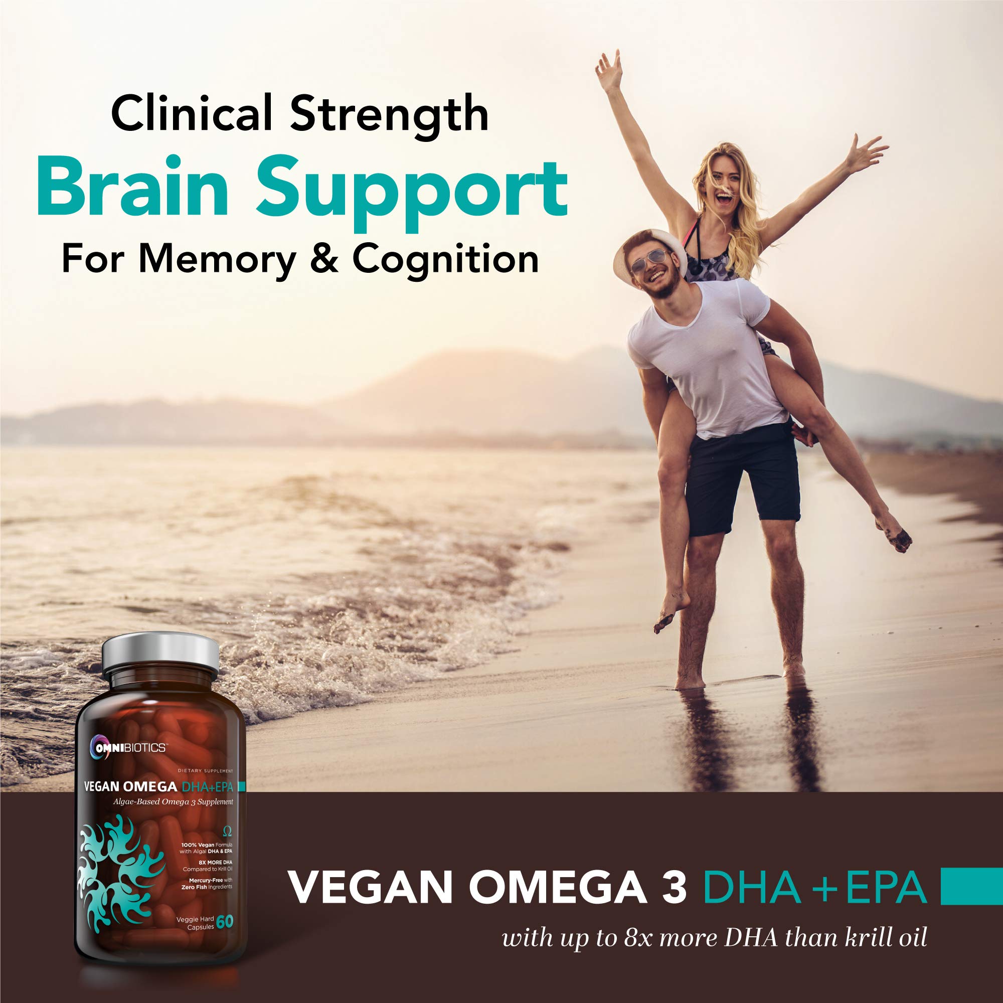OmniBiotics vegan omega-3 label highlighting 700 mg DHA and 20 mg EPA per serving.