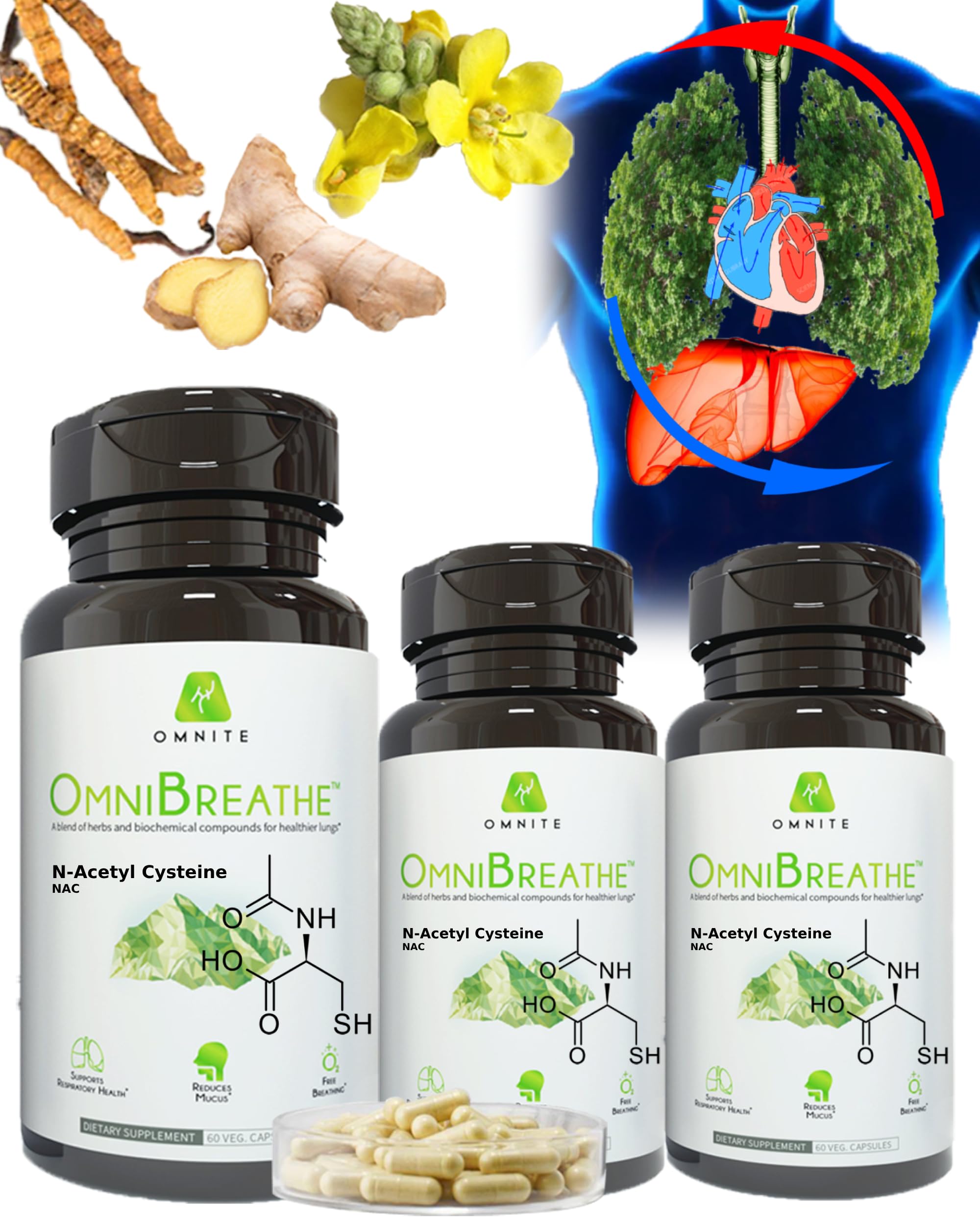 OmniBreathe bottle packaging shown for lung cleanse and daily respiratory support.